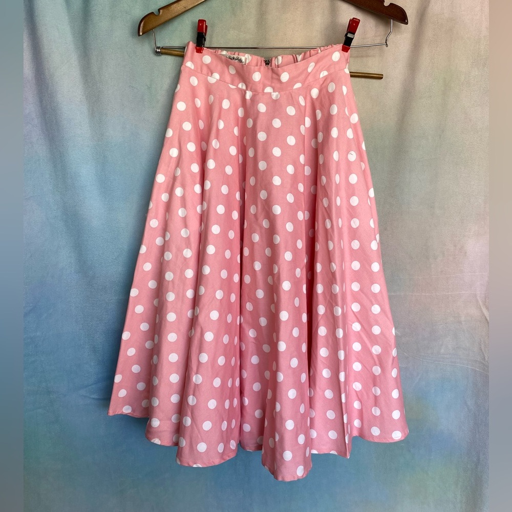 MAGGIE TANG Retro Pink Polka Dot 50s Cotton Circle MIDI Skirt w/ Zipper, Pockets
